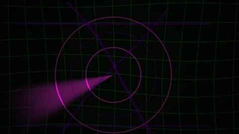 Radar Screen Display with Rotating Purple Beam on Green Grid Background Stock Footage 343758159