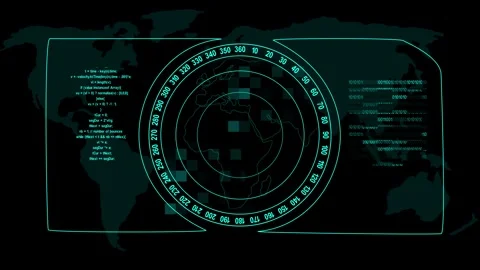 Radar screen displays world map with data overlays and code streams. Radar .. Video stock 337368496