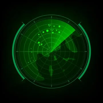 Radar screen with futuristic user interface and digital world map Vector Stock Illustration