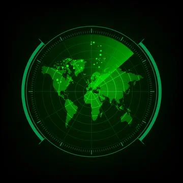 Radar screen with futuristic user interface and digital world map Vector Stock Illustration