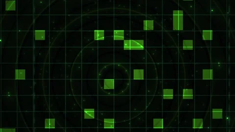 Radar Screen Interface with Green Grid Lines and Moving Target Squares on D.. Stock Footage 343758629