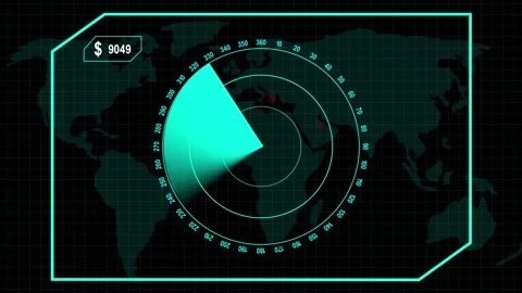 Radar screen overlays world map with financial data and target indicators. .. Stock Footage 337368629