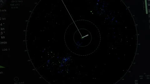 Radar screen on ship. Dark mode. Screen shows heading -direction of movement Stock Footage 224094887