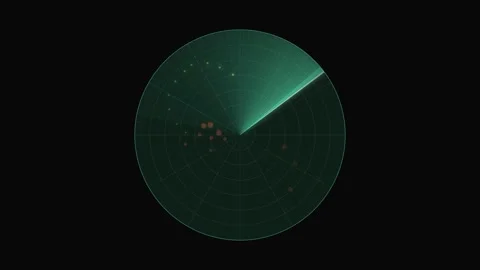 Radar screen sweeping with green and orange target blips at night Vídeo Stock 344793666