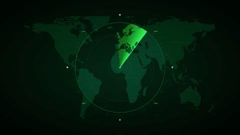 Radar sonar scanning with rotating sweep line over dotted world map. 4K Stock Footage 348234762