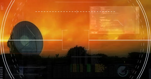 Radar system data HUD on Satellite dish sunset cloud background - 3d Stock Footage 160240275