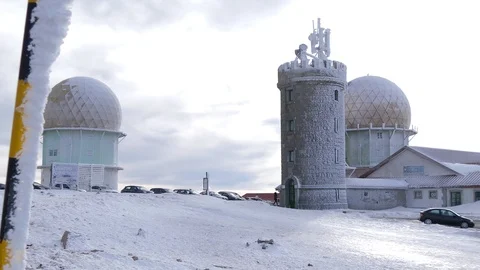 Radar tower in top of mountain covered with snow in serra da estrela Portugal 4k Stock Footage 85965368