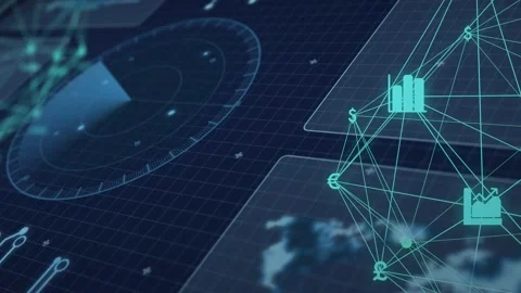 Radar wedge sweeping, teal network mesh lighting nodes and drawing lines, Stock Footage 334743623