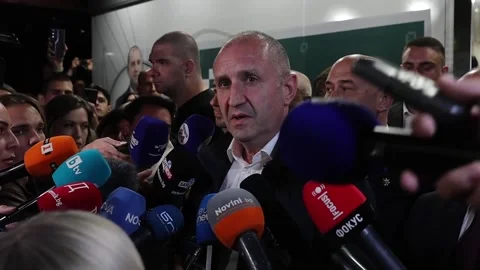 Radev speaks to the media after polls give him victory in Bulgaria's elections,  動画素材 333076223