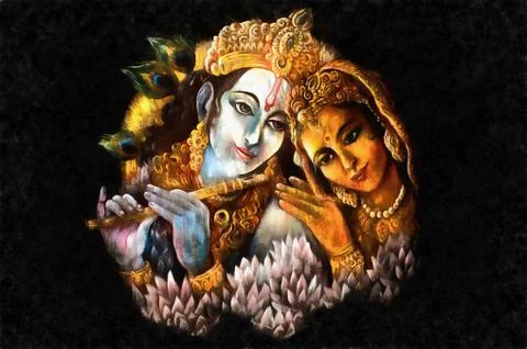Radha and krishna playing flute, hand painted illustration Stock Illustration