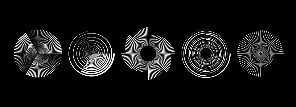 Radial abstract spiral pattern set. Rotating circle sound wave concepts Illustrazione stock