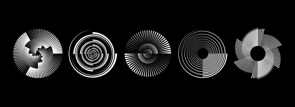 Radial abstract spiral pattern set. Circular rotating sound wave concepts Stock Illustration