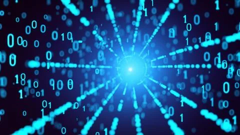 Radial Binary Code Void with Falling Bright Blue Letters Stock Illustration