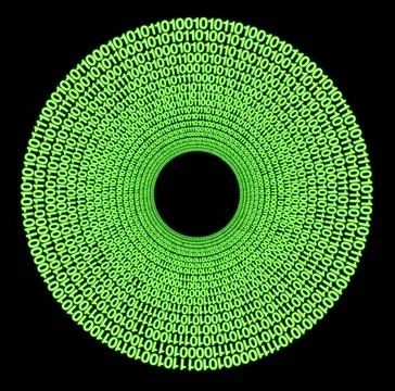 Radial binary theme symbolic hard disc made of circular binary code in bla... Foto stock