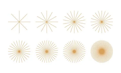 Radial circle thin line star, sun rays. Abstract gold sunburst, sunshine vector Stock Illustration