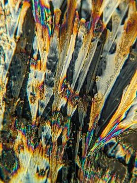 Radial crystal structures under polarized microscope with colorful edge Stock Photos