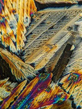Radial crystal structures under polarized microscope with colorful edge Stock Photos
