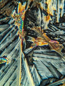 Radial crystal structures under polarized microscope with colorful edge Stock Photos