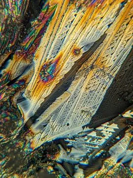 Radial crystal structures under polarized microscope with colorful edge Stock Photos