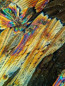 Radial crystal structures under polarized microscope with colorful edge Stock Photos