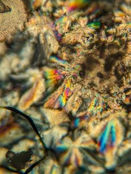 Radial crystal structures under polarized microscope with colorful edge Stock Photos