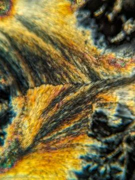 Radial crystal structures under polarized microscope with colorful edge Stock Photos