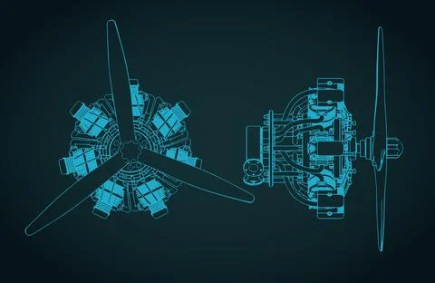 Radial engine blueprints illustration Stock Illustration