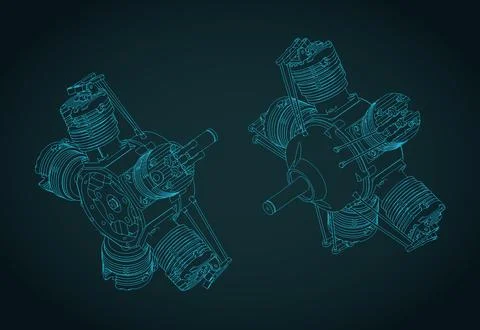 Radial engine isometric drawings Stock Illustration