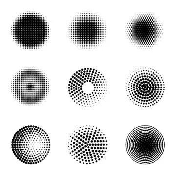 Radial halftone. Different gradient circles, halftone dots graphic digital Stock Illustration