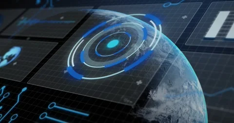 Radial HUD activating over planet, data input initiating rings rotating for Stock Footage 330741778