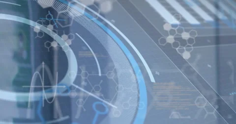 Radial interface display presenting tech data in workspace with hexagonal icons Stock Footage 309101026