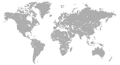 Radial line shape world map. Round shape line art vector world map in geome.. Stock Illustration