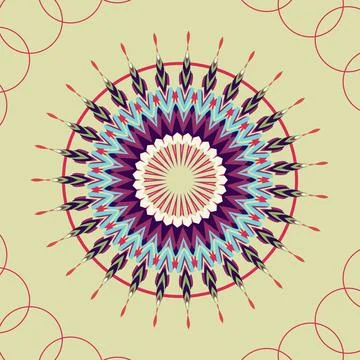 Radial mandala composition in deep eggplant, muted red, retro cyan, off white, g Stock Illustration