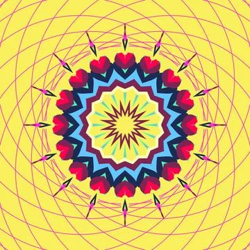 Radial mandala composition in laser lemon, cherry red, wine neon, space blue, az Stock Illustration