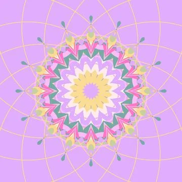 Radial mandala composition in muted teal, mossy gold, pale gold, terracotta sun, イラスト素材