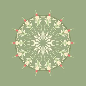 Radial mandala composition with peach, pink, coral, red, moss, celery, pale mint Stock Illustration