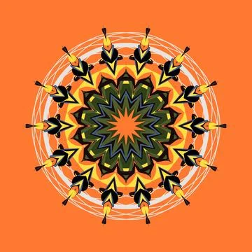 Radial mandala composition rendered in dark soil, moss green, alien leaf, star y 스톡 일러스트
