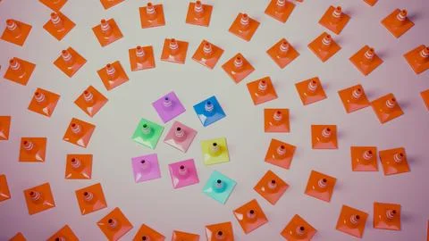 Radial pattern of orange cones with multicolored center on gradient backgro.. Foto stock