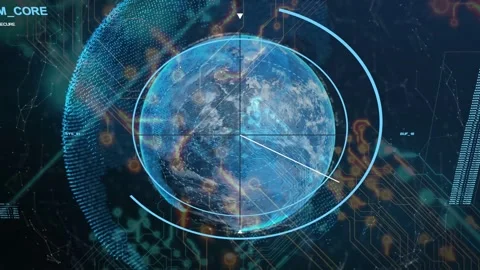 Radial pointer emerging from core sweeping clockwise across globe, rotating arcs 스톡 동영상 334724955