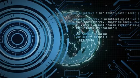Radial pulse from HUD rings activating globe, globe revealing city lights and Stock Footage 335739426