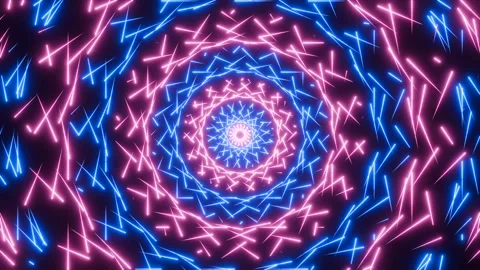 Radial, rotating, symmetrical neon pattern, pink and blue glowing lines. Stock-Footage 288450940