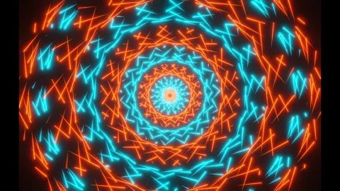 Radial, rotating, symmetrical neon pattern, orange and blue glowing lines. Stock Footage 289655004