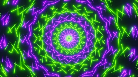Radial, rotating, symmetrical neon pattern, green and purple glowing lines. Stock Footage 292918090