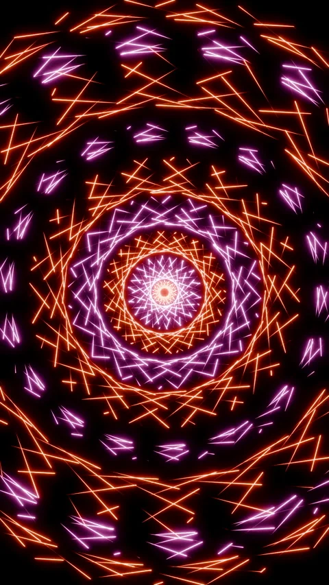 Radial, rotating, symmetrical neon pattern, lines glowing pink and orange. Video stock 316421624