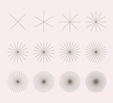 Radial round thin rays sunburst symbol. Abstract geometric logo shapes, stars Stock Illustration