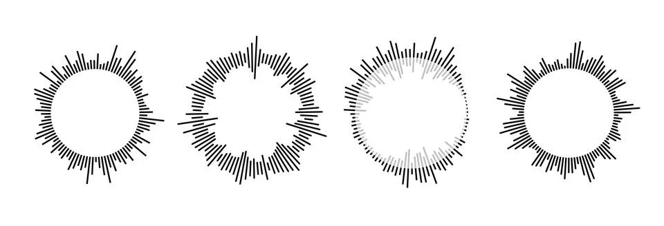 Radial sound wave pattern set. Circular audio, music or voice icon collection 库存插图