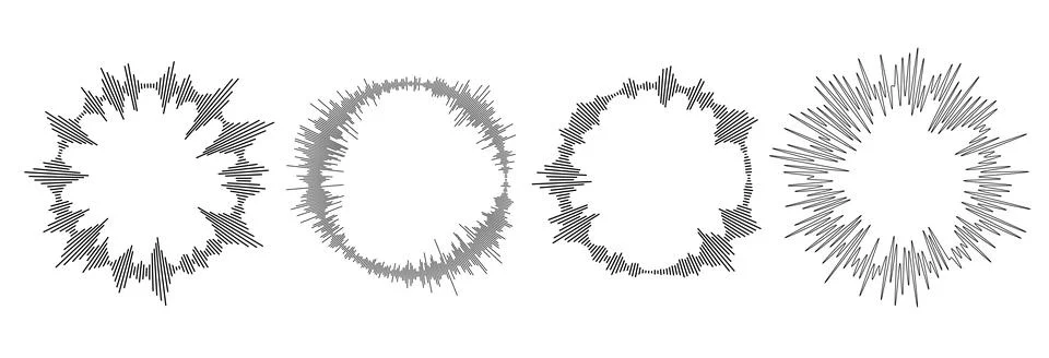 Radial sound wave pattern set. Circle sun burst bundle. Circular audio, music or Stock Illustration
