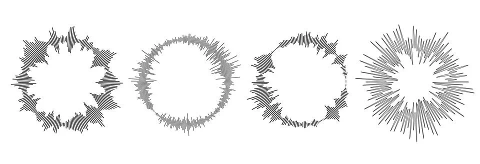 Radial sound wave ray pattern set. Circle sun burst beams bundle. Circular audio Stock Illustration