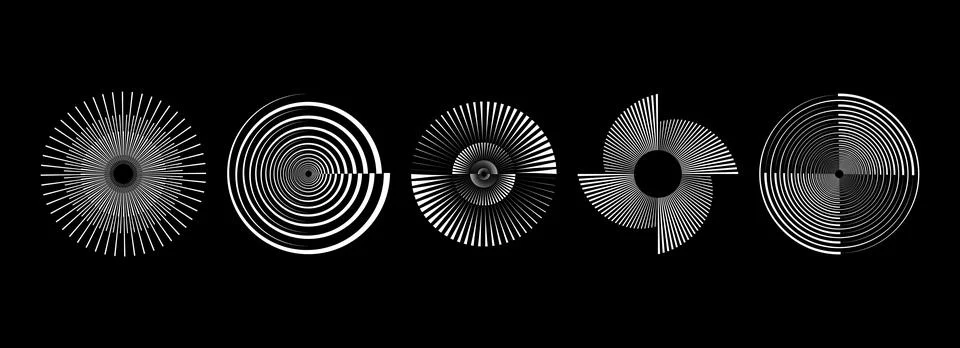 Radial spinning spiral pattern set. Rotating circle sound wave concepts Stock Illustration