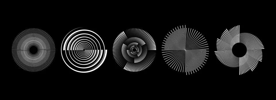 Radial spinning spiral pattern set. Circular speed lines form collection Stock Illustration